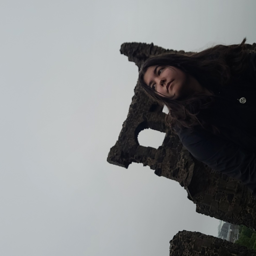 A photo of Alyssa in front of stones.